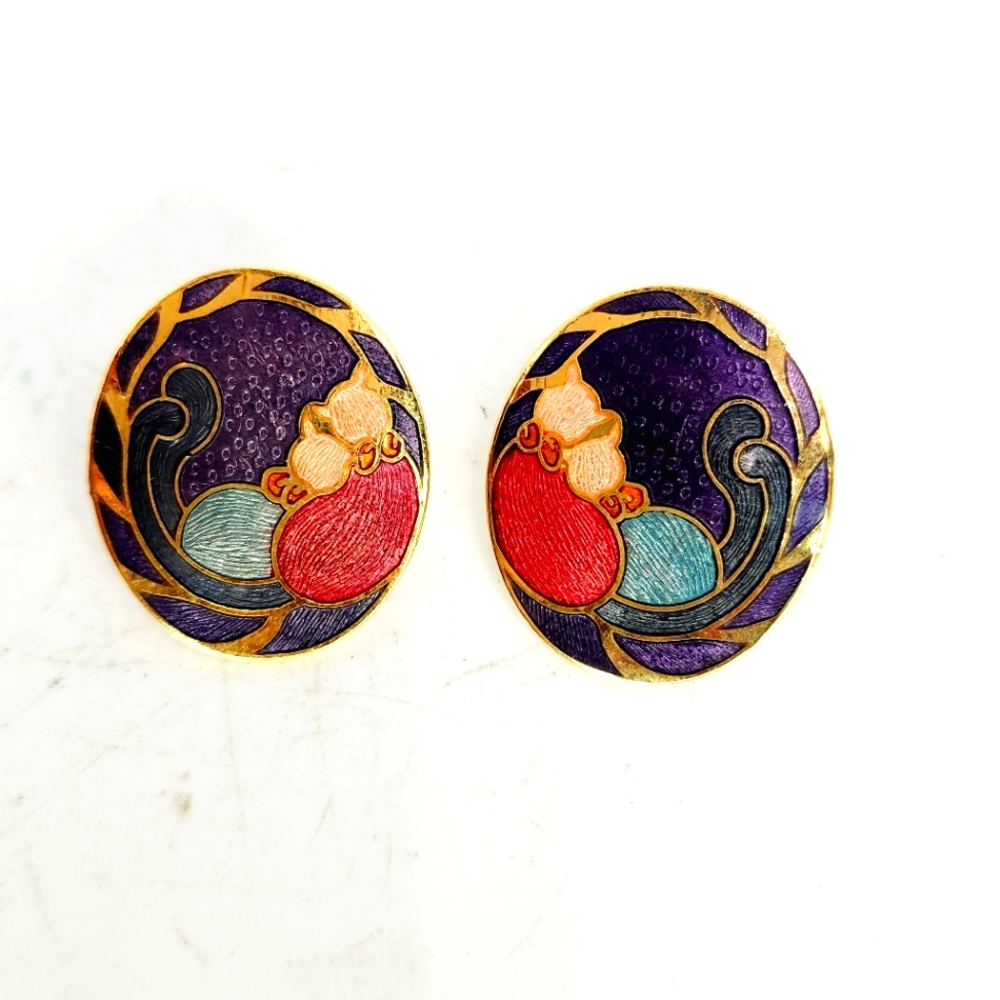 Vintage Cloisonne Cat Cuddle Kitty Tail Earrings Oval Post Stud Jewelry Gold Ton